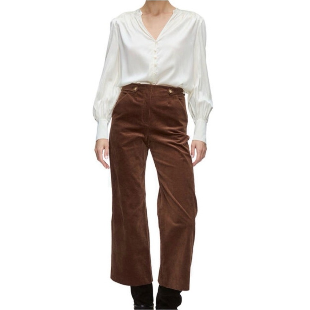 Veronica Beard Brown Corduroy Wide Leg Cropped Pants Size 10 Button Tab Trousers